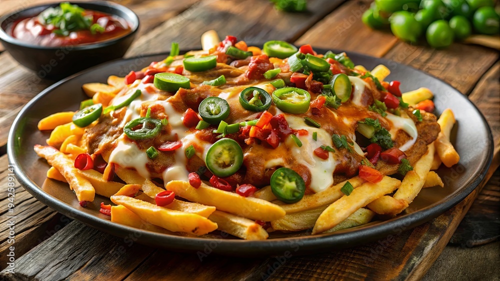 Loaded cheese fries topped with chili, jalapenos, bacon, and sriracha sauce in a greasy and indulgent style Loaded cheese fries topped with chili, jalapenos, bacon, and sriracha sauce in a greasy and indulgent style