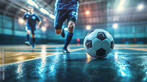 Football futsal player, ball, futsal floor. Sports background. Indoor soccer sports hall. Youth futsal league. Indoor football players and soccer ball. Generative ai.
