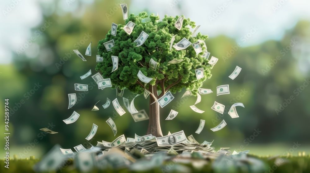 Money Tree with Dollar Bills Falling from Branches in a Lush Green Environment Money Tree with Dollar Bills Falling from Branches in a Lush Green Environment