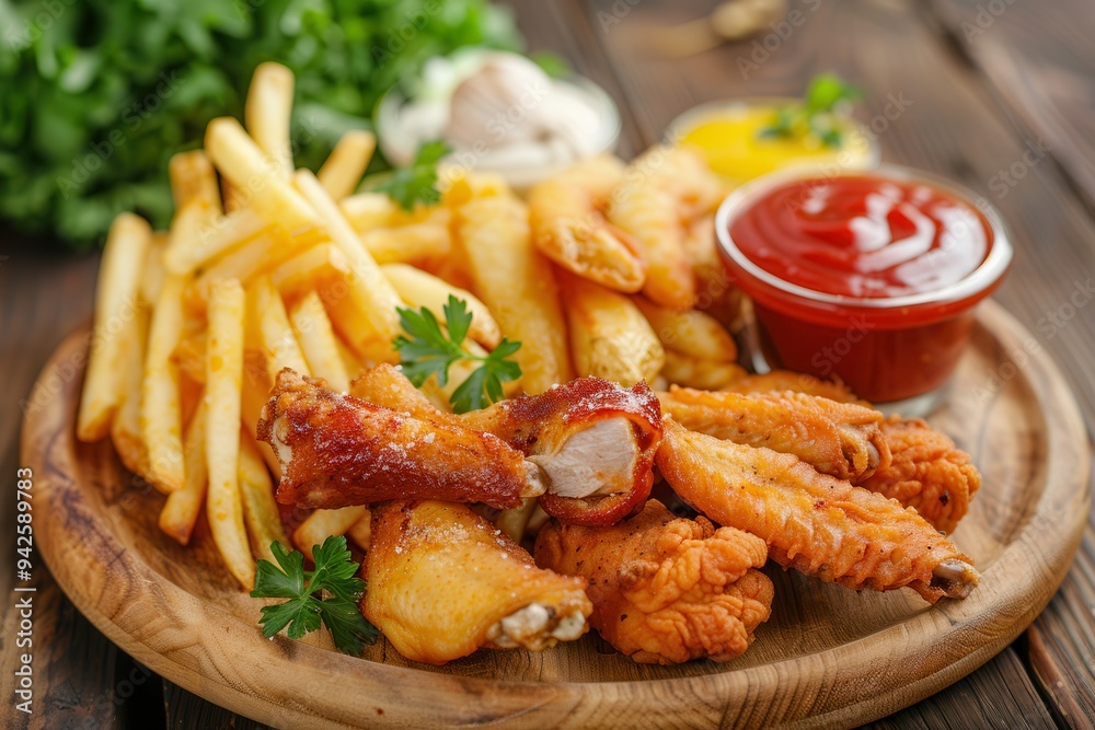 A wooden plate with chicken strips, French fries, and ketchup on a gray background.