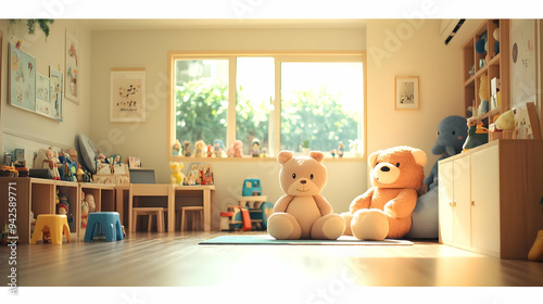 Two teddy bears sit on a ru...