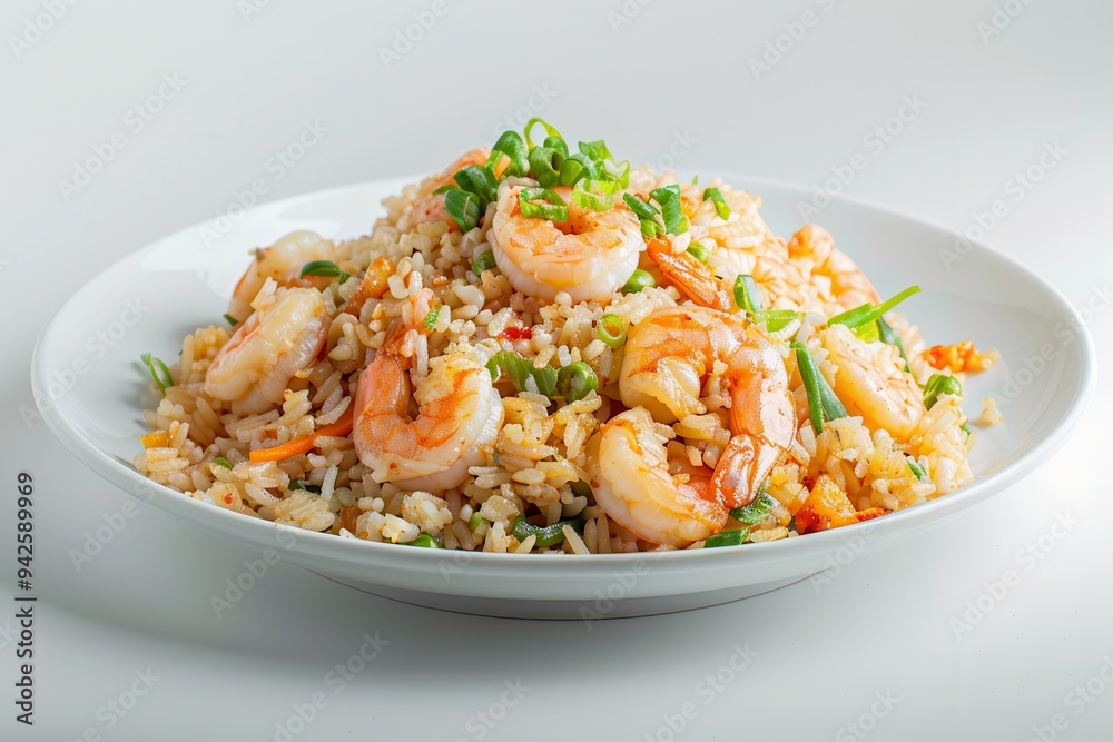 Fried rice with shrimp on a white plate, side view, highly detailed and sharp, isolated plain background. Fried rice with shrimp on a white plate, side view, highly detailed and sharp, isolated plain background.