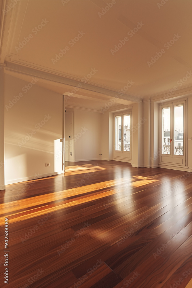 Fototapeta premium Spacious empty living room with hardwood floor in modern apartment