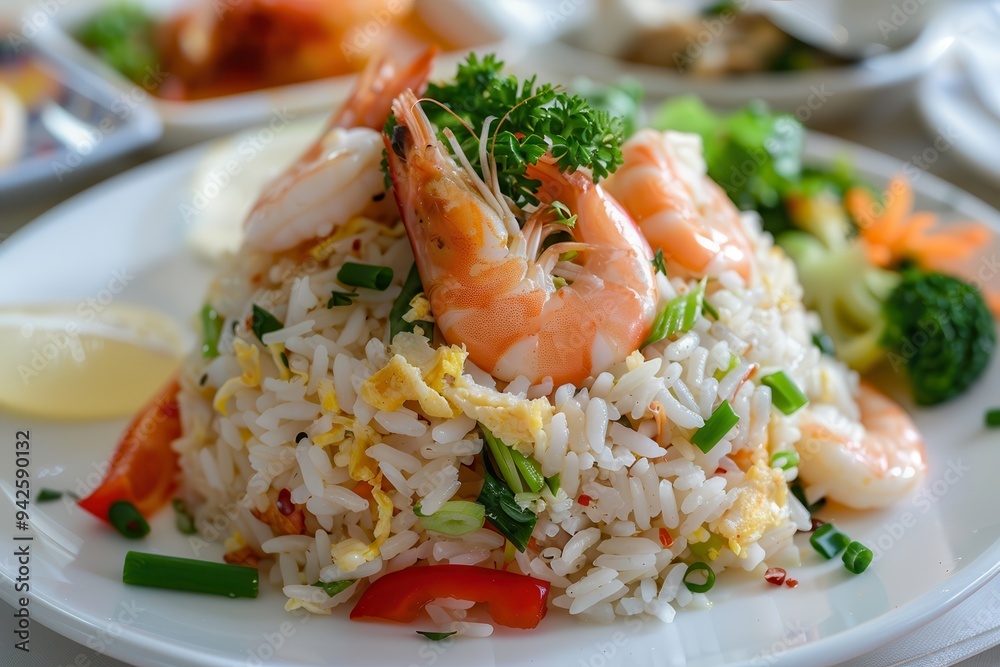 Fried rice with shrimp on a white plate, side view, highly detailed and sharp, isolated plain background. Fried rice with shrimp on a white plate, side view, highly detailed and sharp, isolated plain background.