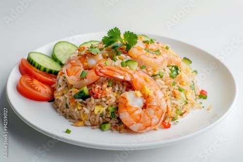 Fried rice with shrimp on a white plate, side view, highly detailed and sharp, isolated plain background.