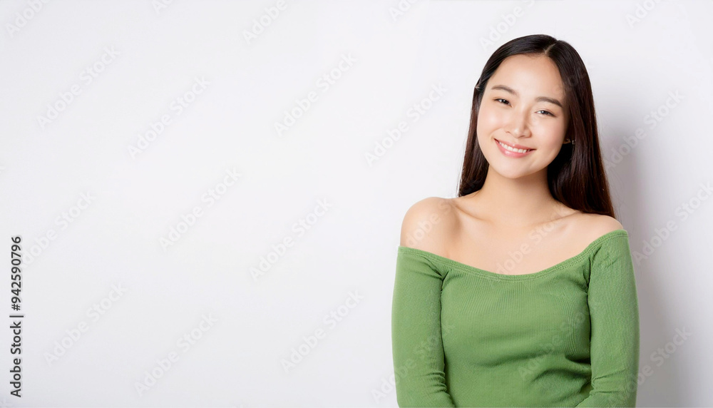 A portrait of an Asian woman in a loose-fitting green outfit, smiling. A portrait of an Asian woman in a loose-fitting green outfit, smiling.