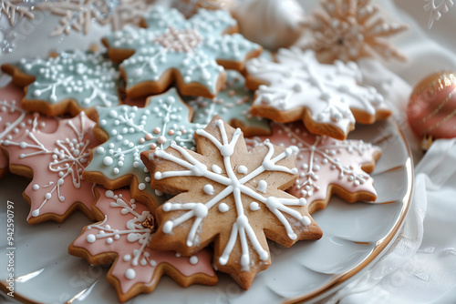  Colorful iced gingerbread cookies on plate: minimalist presentation of festive baked treats