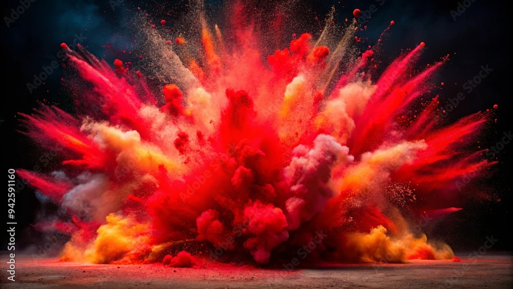 An explosive red powder burst creates a vibrant and chaotic celebration with splashing colors and smoke An explosive red powder burst creates a vibrant and chaotic celebration with splashing colors and smoke