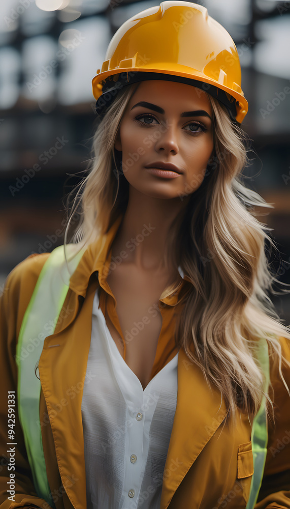 A confident woman wearing a yellow hard hat and safety vest, standing in an industrial setting. She has short, wavy hair and a determined expression, embodying strength and professionalism. A confident woman wearing a yellow hard hat and safety vest, standing in an industrial setting. She has short, wavy hair and a determined expression, embodying strength and professionalism.