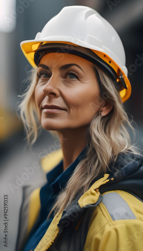 A confident woman wearing a yellow hard hat and safety vest, standing in an industrial setting. She has short, wavy hair and a determined expression, embodying strength and professionalism.