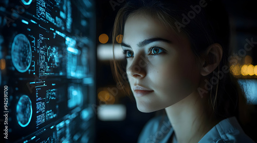 Woman gazing at a computer ...