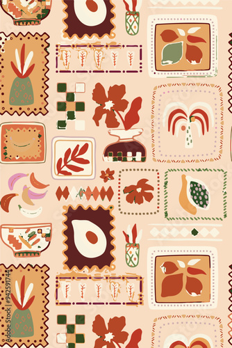 Tropical leaf hibiscus flowers Hawaiian tribal element patchwork wallpaper abstract grunge vector seamless pattern for fabric shirt pillow tablecloth towel wrapping