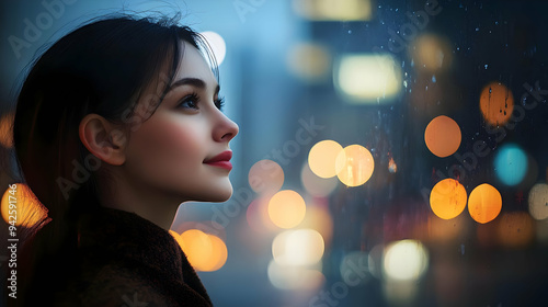 Woman gazing out a window a...