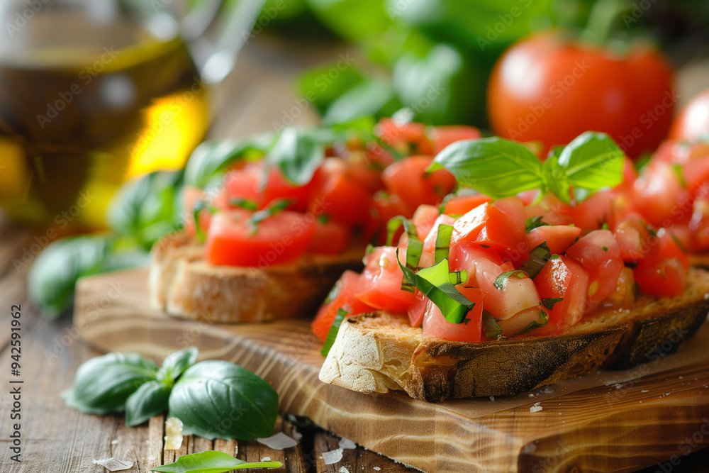 Delicious italian bruschetta with fresh tomatoes, basil, and olive oil on wooden board Delicious italian bruschetta with fresh tomatoes, basil, and olive oil on wooden board