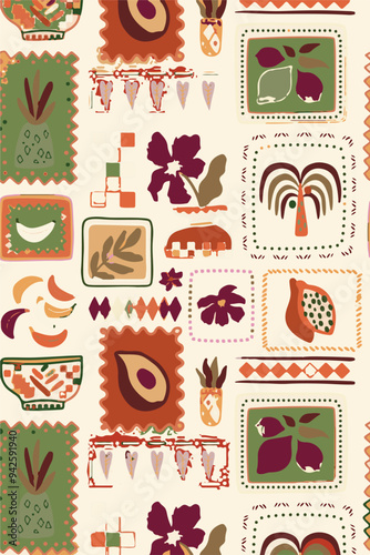 Tropical leaf hibiscus flowers Hawaiian tribal element patchwork wallpaper abstract grunge vector seamless pattern for fabric shirt pillow tablecloth towel wrapping