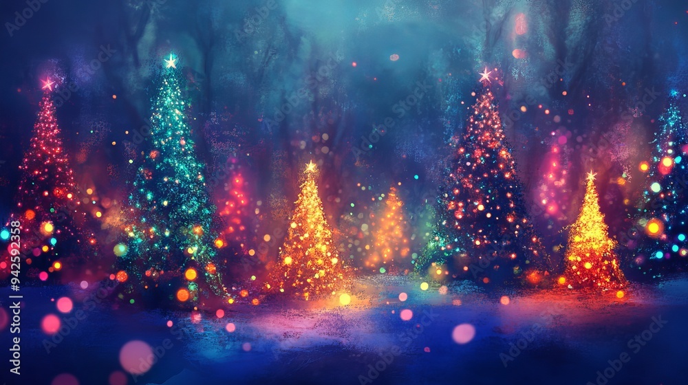 Enchanting Magical Forest with Christmas Trees and Lights Enchanting Magical Forest with Christmas Trees and Lights