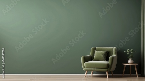 Green Armchair with Side Table and Plant in Front of Green Wall