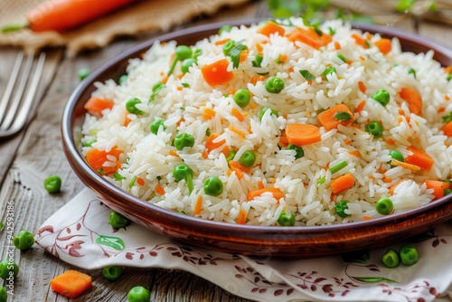 A plate of rice with vegetables, including green peas, carrots, and tomatoes, captured from a side view on a wooden table.