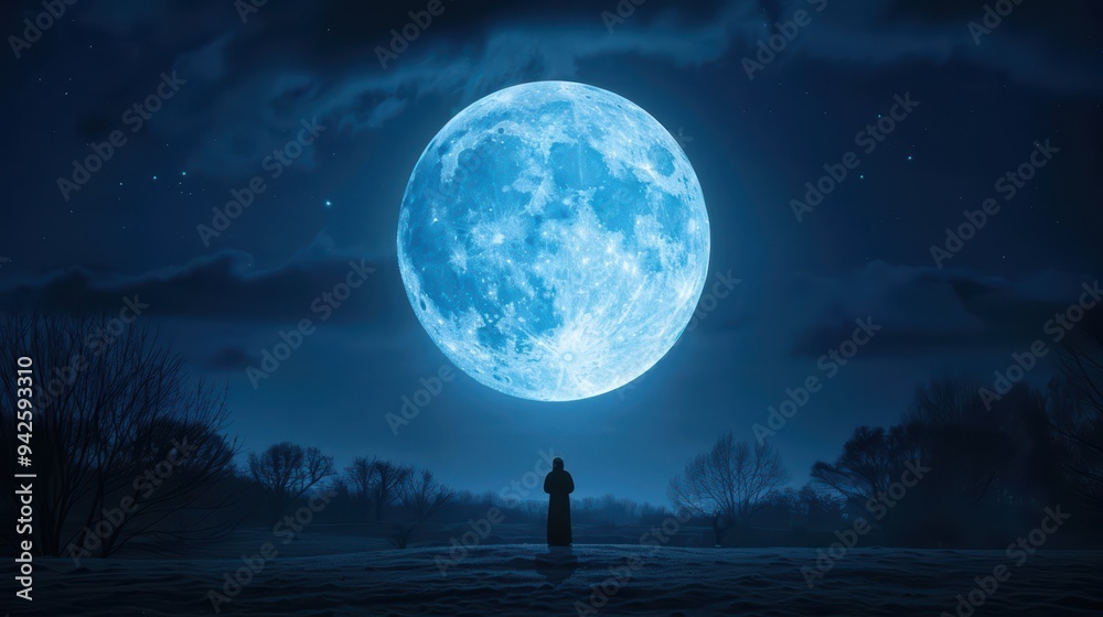 Majestic Full Moon in Night Sky with Silhouetted Figure in Serene Landscape