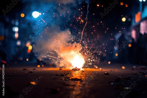 beautiful night photograph diwali rocket launching hot fire work flames crackers burst Deepavali hindu festival colourful wallpaper night background south india pollution smoke empty negative, ai