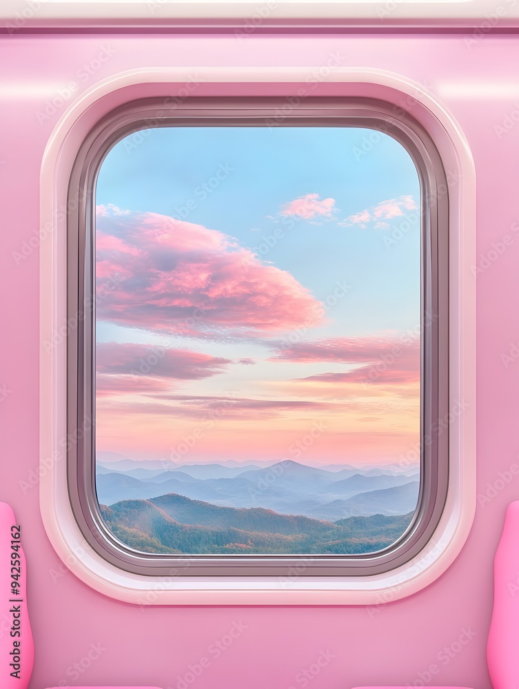 Fototapeta premium Vibrant Sunset Landscape Through Train Window During Dusk Journey
