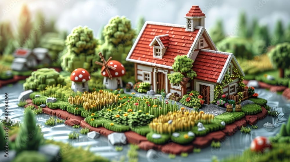 3D isometric farm game icon design with a barn and farmhouse 3D isometric farm game icon design with a barn and farmhouse