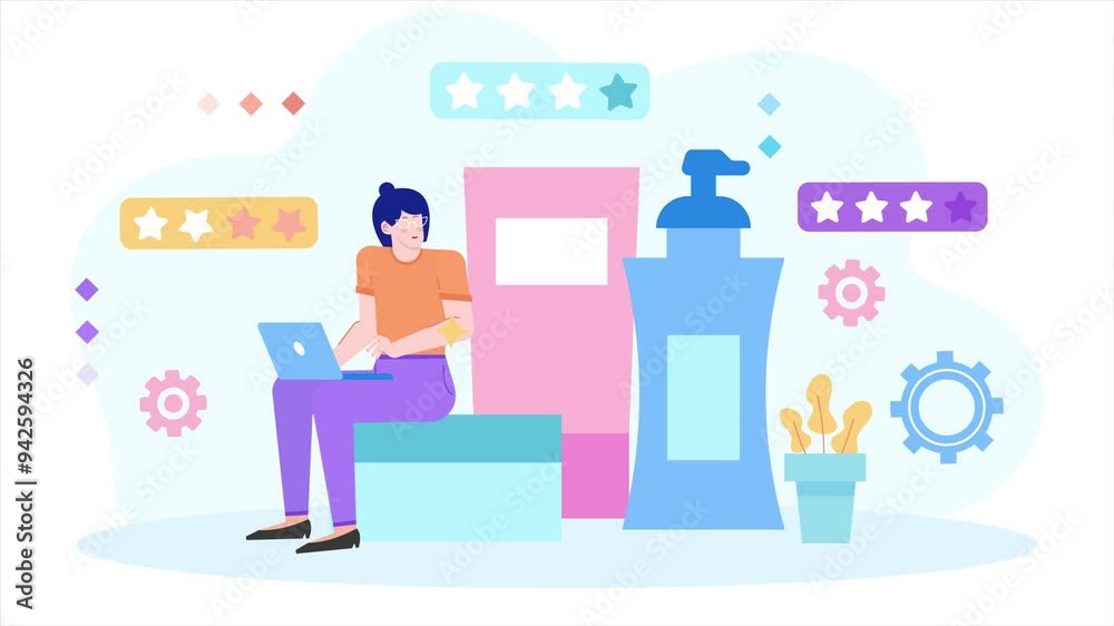 a woman with product review star illustration business animated video a woman with product review star illustration business animated video