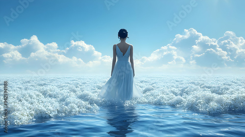 Woman in white dress walkin...