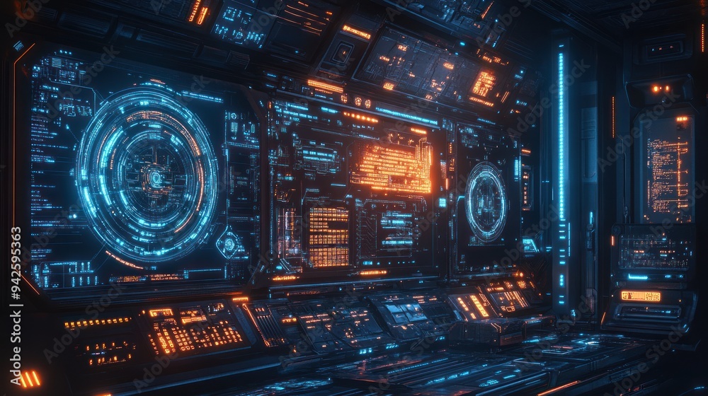 Futuristic Control Room Interior with Glowing Screens Futuristic Control Room Interior with Glowing Screens