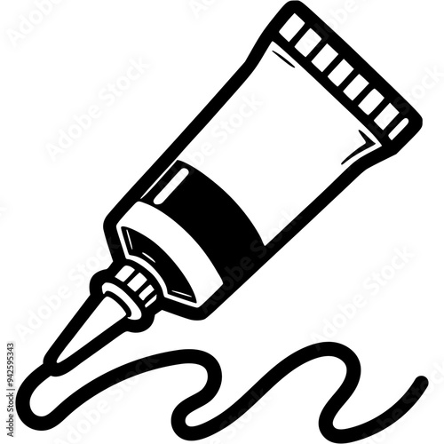 Tube of glue squeezes out an adhesive strip in a zigzag shape in monochrome. Simple minimalistic vector in black ink drawing on transparent background