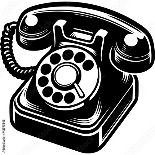 Black corded telephone with rotary dial in monochrome. Simple minimalistic vector in black ink drawing on transparent background