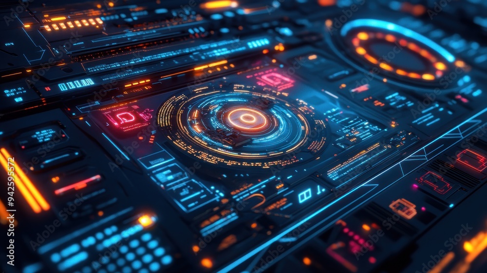 Futuristic Technology Interface with Glowing Lights and Complex Designs Futuristic Technology Interface with Glowing Lights and Complex Designs