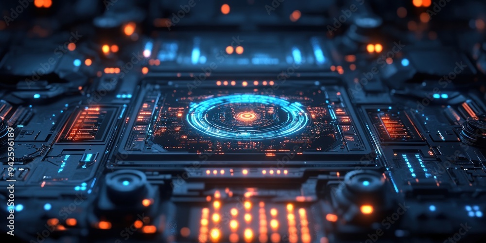 Fototapeta premium Futuristic Technology Interface with Glowing Blue and Orange Lights