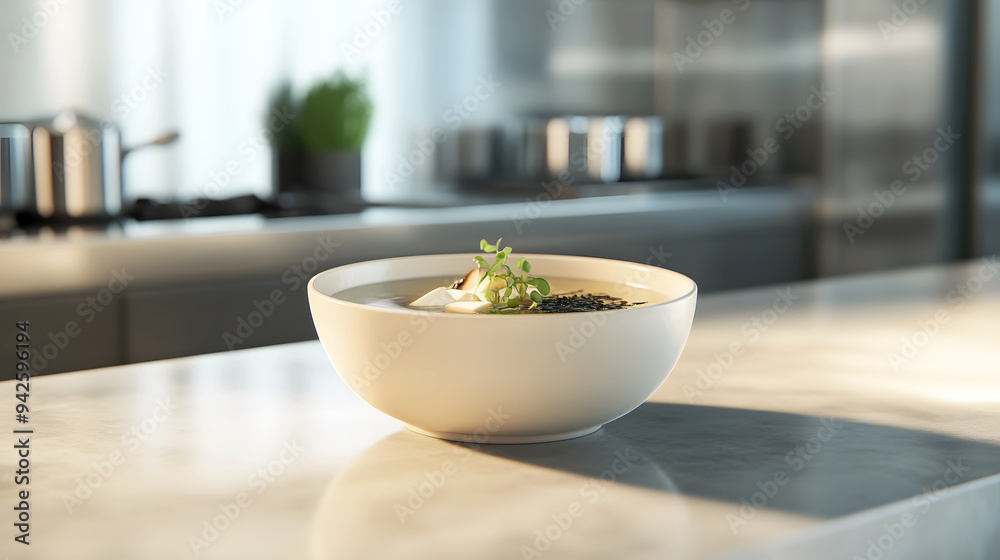 Modern Fusion Style A contemporary take on miso soup, served in a minimalist white ceramic bowl. The soup includes traditional elements like tofu and seaweed Modern Fusion Style A contemporary take on miso soup, served in a minimalist white ceramic bowl. The soup includes traditional elements like tofu and seaweed