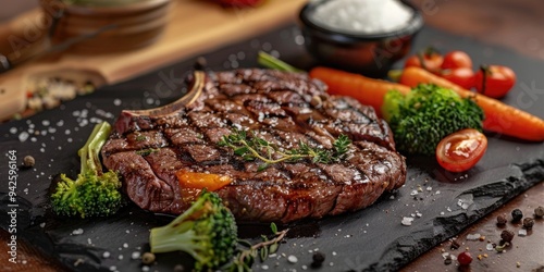 Grilled Ribeye Steak Accompanied by Fresh Broccoli, Carrots, and Cherry Tomatoes