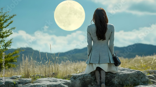 Woman sitting on a rock, lo...