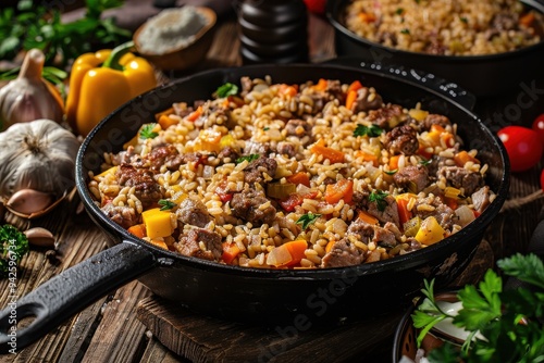 Traditional Saudi dish of rice and chicken in a cast iron skillet, surrounded by herbs on a dark wood background, aerial view.