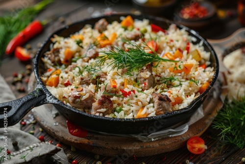 Traditional Saudi dish of rice and chicken in a cast iron skillet, surrounded by herbs on a dark wood background, aerial view.