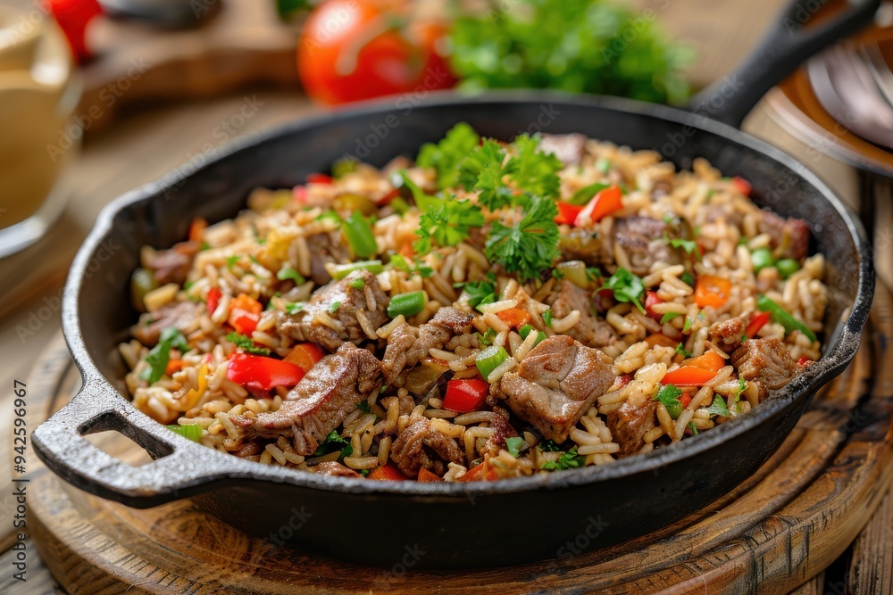 Traditional Saudi dish of rice and chicken in a cast iron skillet, surrounded by herbs on a dark wood background, aerial view. Traditional Saudi dish of rice and chicken in a cast iron skillet, surrounded by herbs on a dark wood background, aerial view.