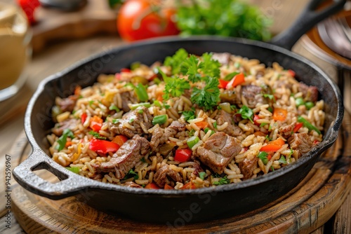 Traditional Saudi dish of rice and chicken in a cast iron skillet, surrounded by herbs on a dark wood background, aerial view.