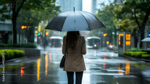 Woman walking in the rain u...
