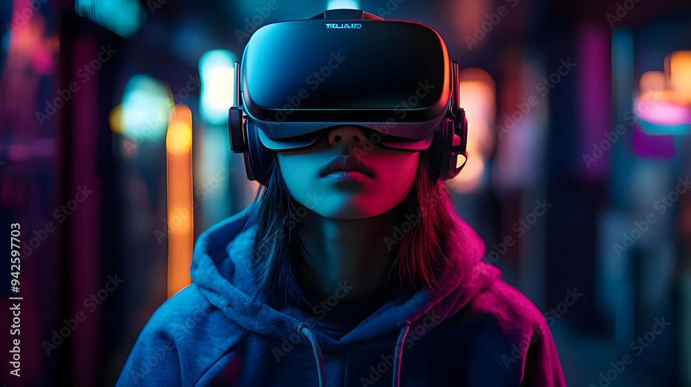 Woman wearing a VR headset and looking forward, with vibrant neon lights in the background. Woman wearing a VR headset and looking forward, with vibrant neon lights in the background.