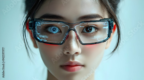 Woman wearing futuristic gl...