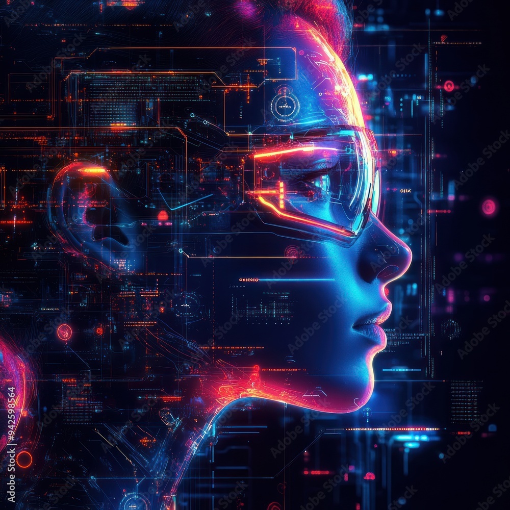 Obraz premium Digital Portrait of a Woman with Neon Lights and Circuitry