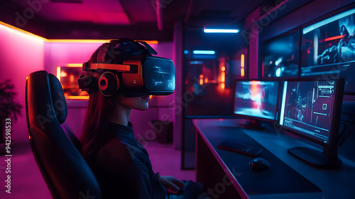 Woman wearing VR headset in...