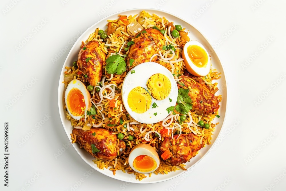 Top view of a large bowl filled with chicken biryani and boiled eggs on white background.
