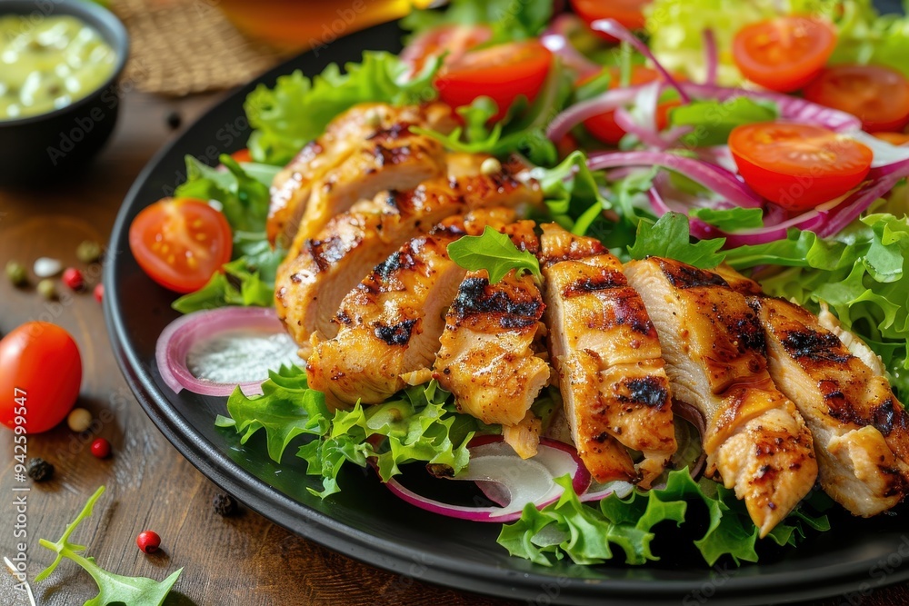 Sliced grilled chicken with salad on a black plate against a wooden background; fresh vegetables and greens arranged beautifully. Sliced grilled chicken with salad on a black plate against a wooden background; fresh vegetables and greens arranged beautifully.