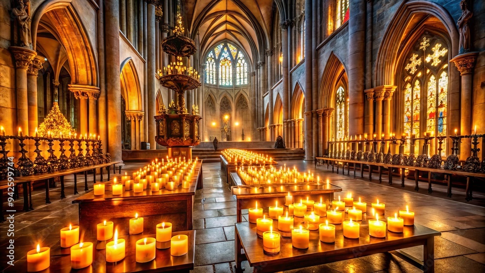 Gothic cathedral illuminated by the glow of prayer candles, creating a solemn and spiritual atmosphere Gothic cathedral illuminated by the glow of prayer candles, creating a solemn and spiritual atmosphere