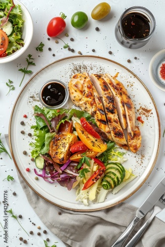Realistic top-view photo of grilled chicken, salad, and vegetables on a white plate with a tablecloth, fork, knife, and black pepper sauce.