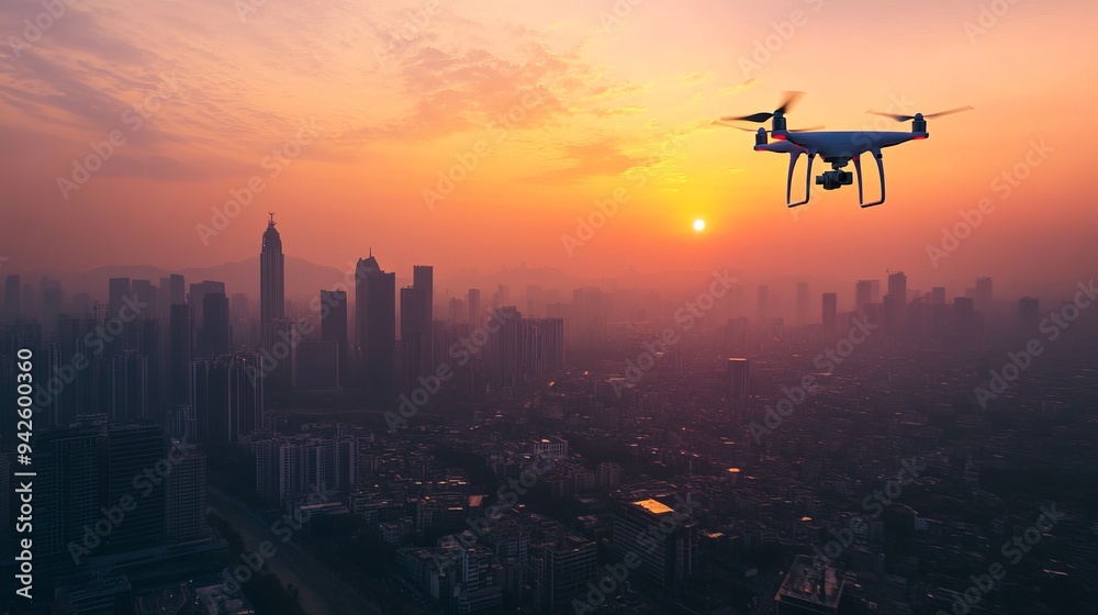 Cityscape at Sunset with Drone in the Foreground Cityscape at Sunset with Drone in the Foreground